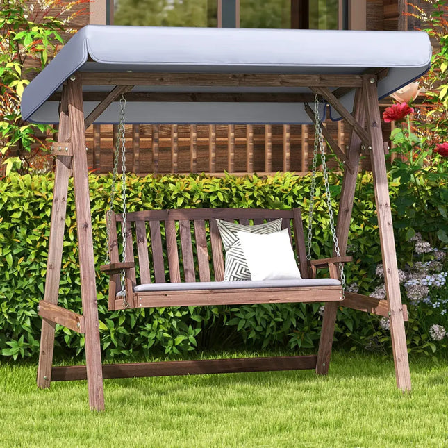 2-Person Porch Swing with Fir Wood Stand and Tilt Canopy-Brown - Brown - Porch Swings