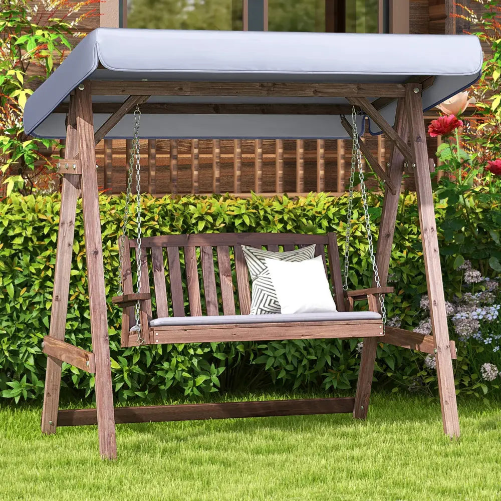 2-Person Porch Swing with Fir Wood Stand and Tilt Canopy-Brown - Brown - Porch Swings