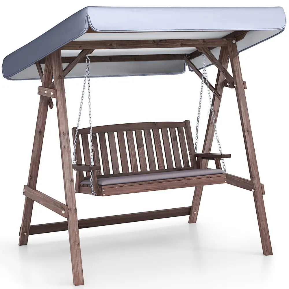 2-Person Porch Swing with Fir Wood Stand and Tilt Canopy-Brown - Brown - Porch Swings
