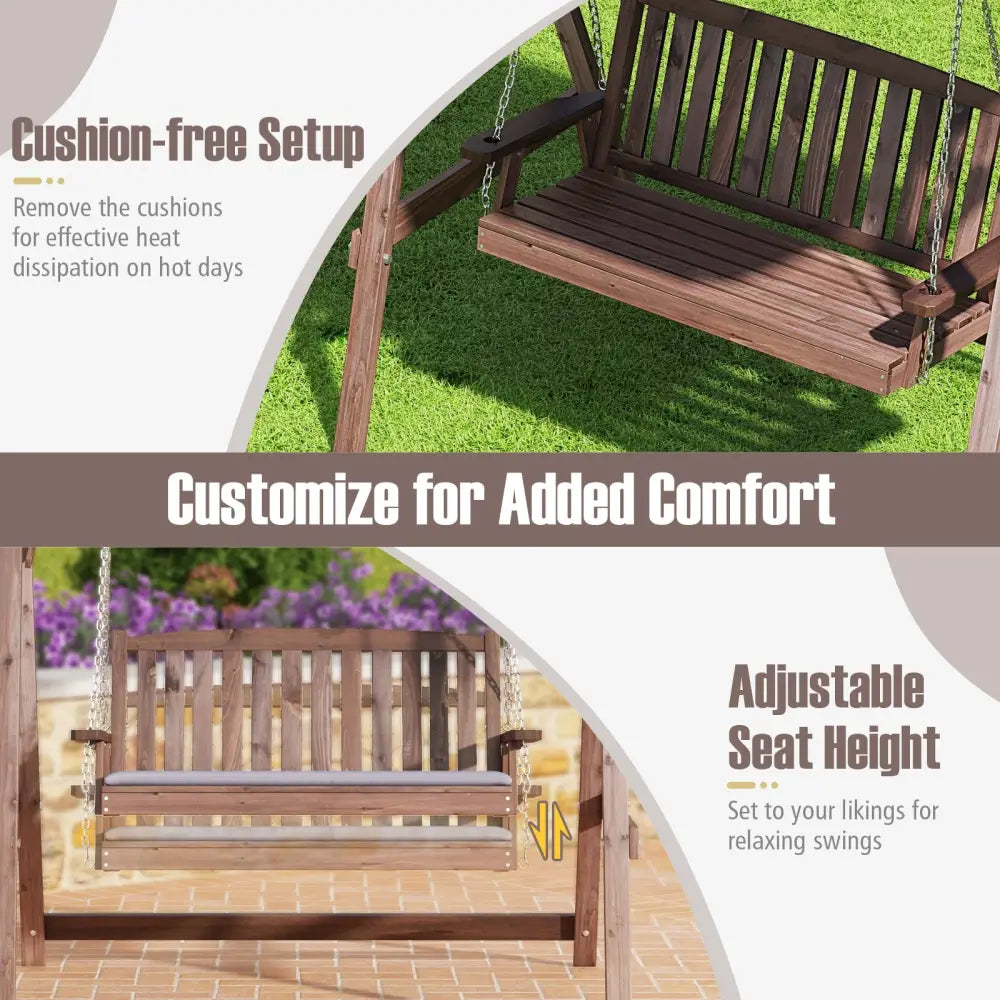 2-Person Porch Swing with Fir Wood Stand and Tilt Canopy-Brown - Brown - Porch Swings