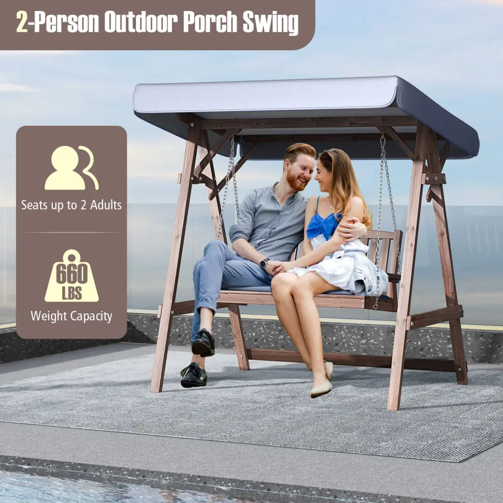 2-Person Porch Swing with Fir Wood Stand and Tilt Canopy-Brown - Brown - Porch Swings