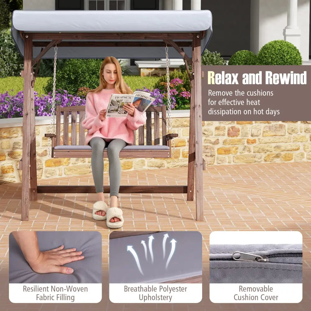 2-Person Porch Swing with Fir Wood Stand and Tilt Canopy-Brown - Brown - Porch Swings
