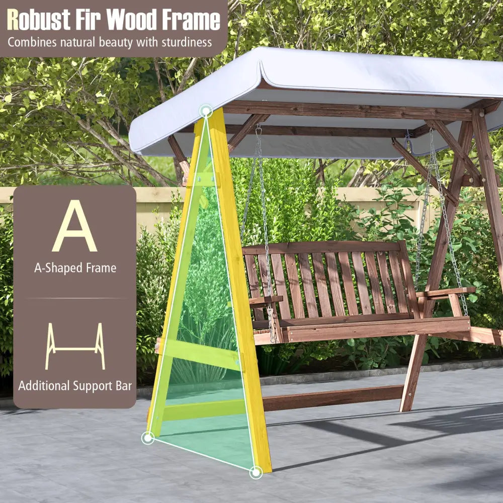 2-Person Porch Swing with Fir Wood Stand and Tilt Canopy-Brown - Brown - Porch Swings