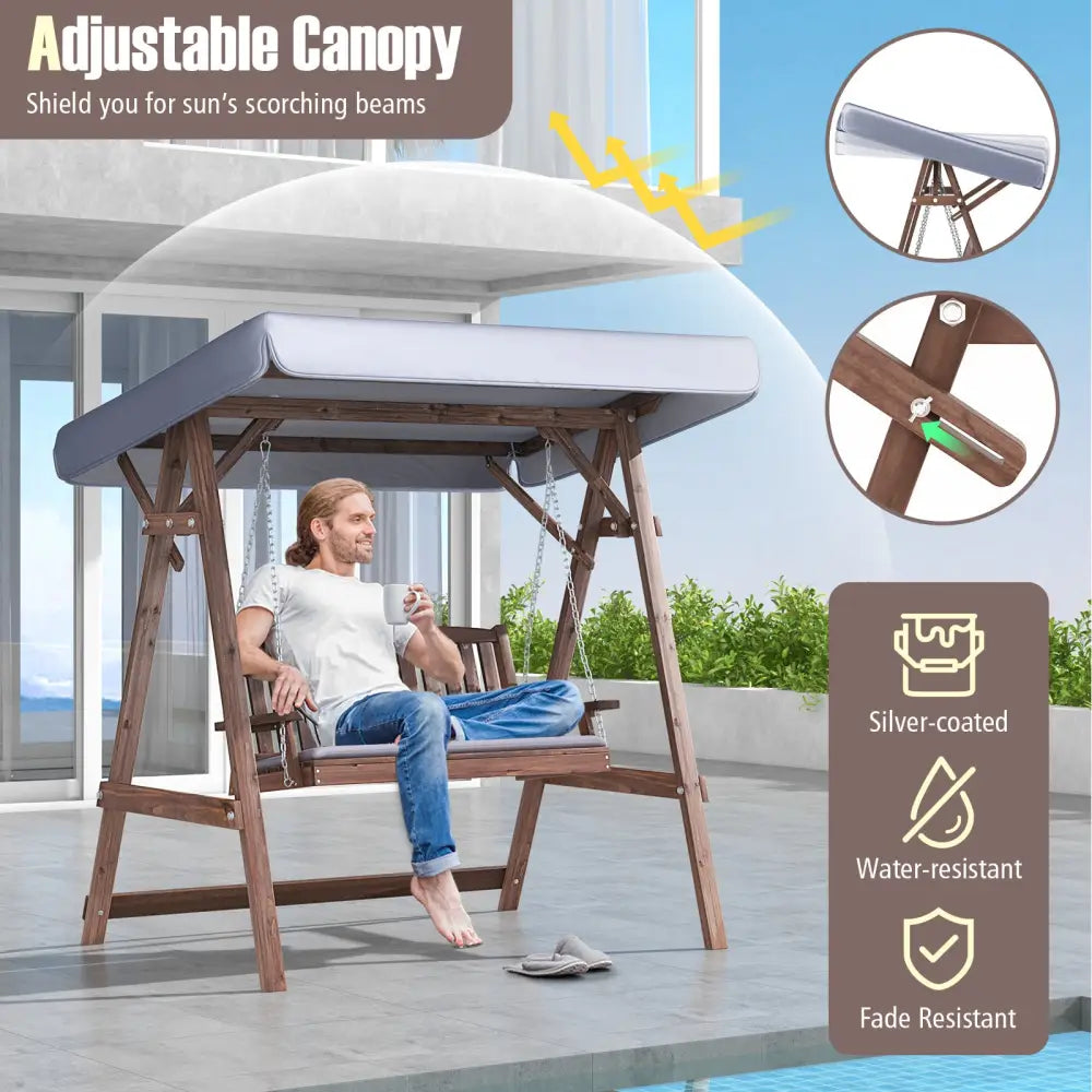 2-Person Porch Swing with Fir Wood Stand and Tilt Canopy-Brown - Brown - Porch Swings