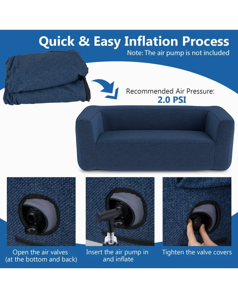 2-Person Portable Blow Up Sofa with Detachable Cover-Blue - Blue - Camping Furniture