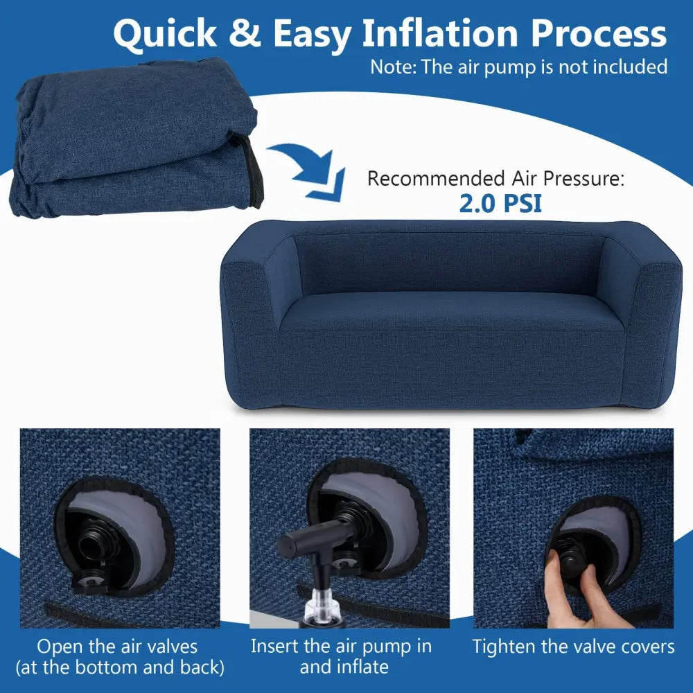 2-Person Portable Blow Up Sofa with Detachable Cover-Blue - Blue - Camping Furniture
