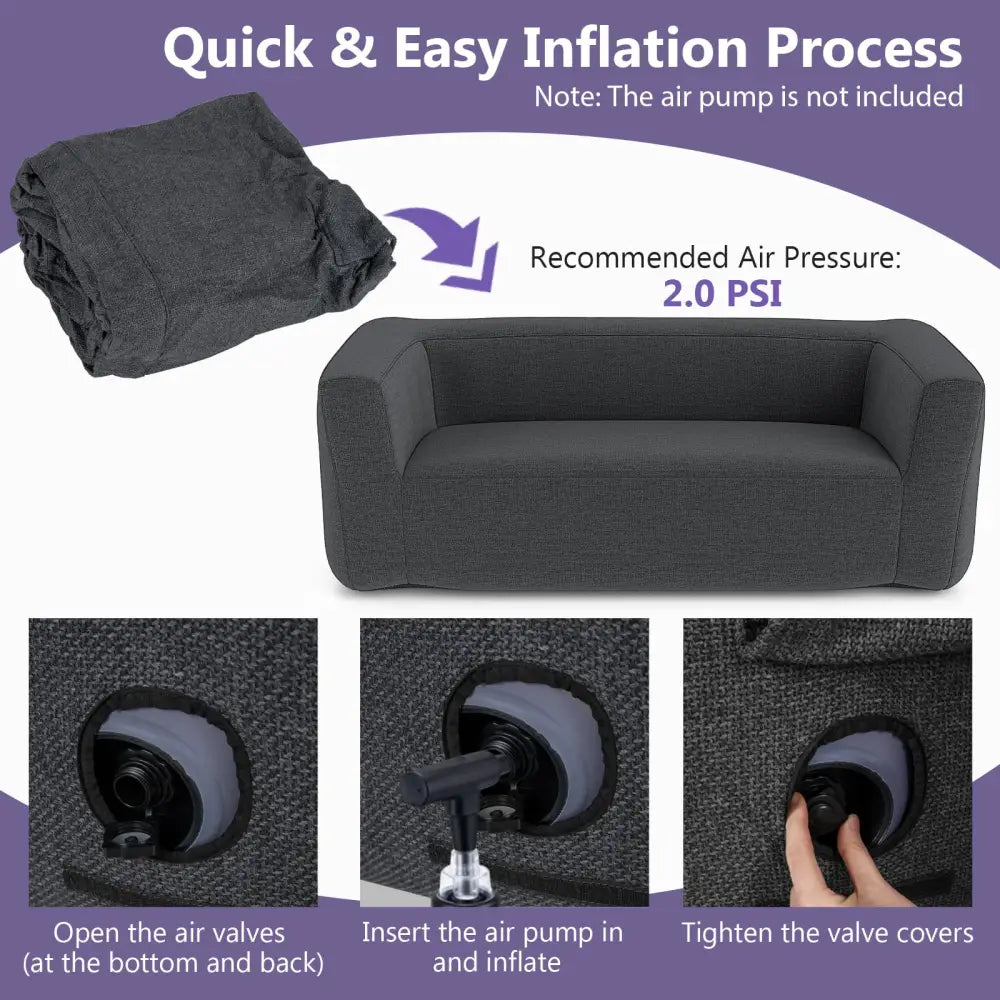 2-Person Portable Blow Up Sofa with Detachable Cover-Gray - Gray - Camping Furniture