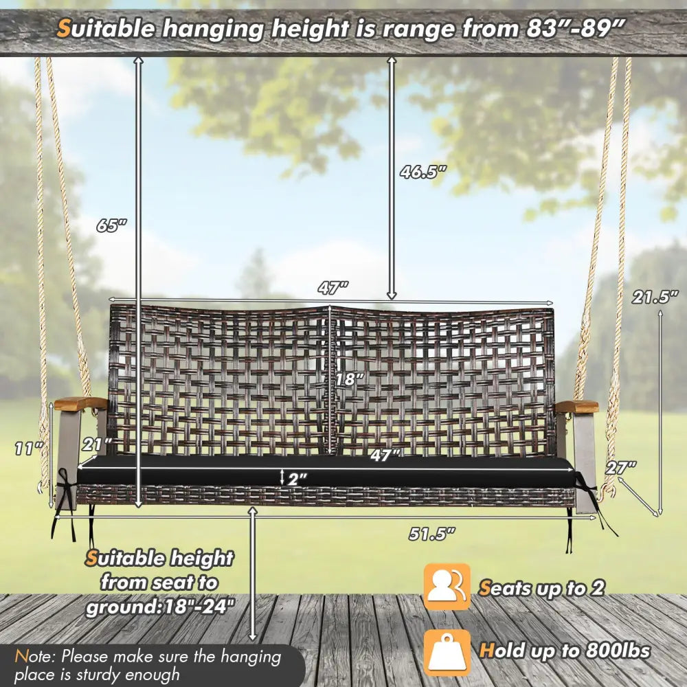 2-Person Rattan Hanging Porch Swing Chair-Black - Black - Porch Swings