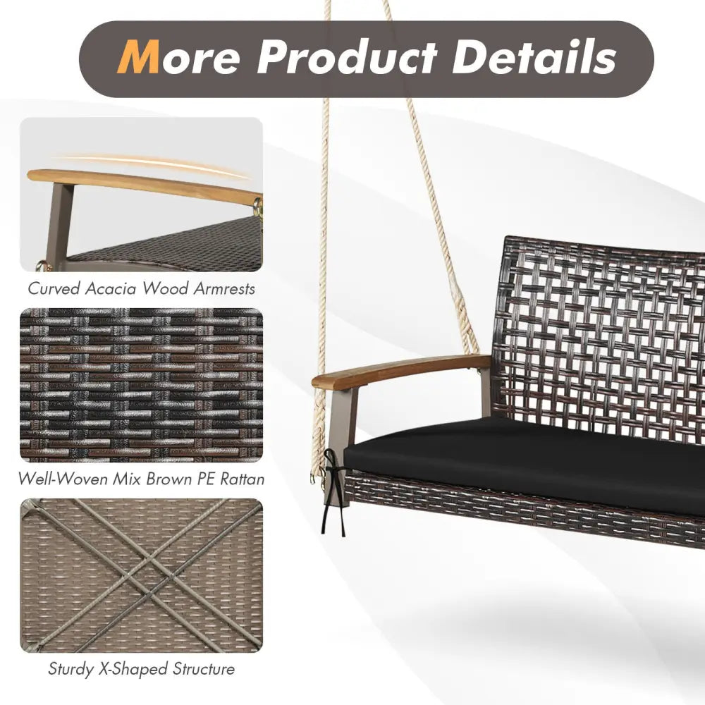 2-Person Rattan Hanging Porch Swing Chair-Black - Black - Porch Swings