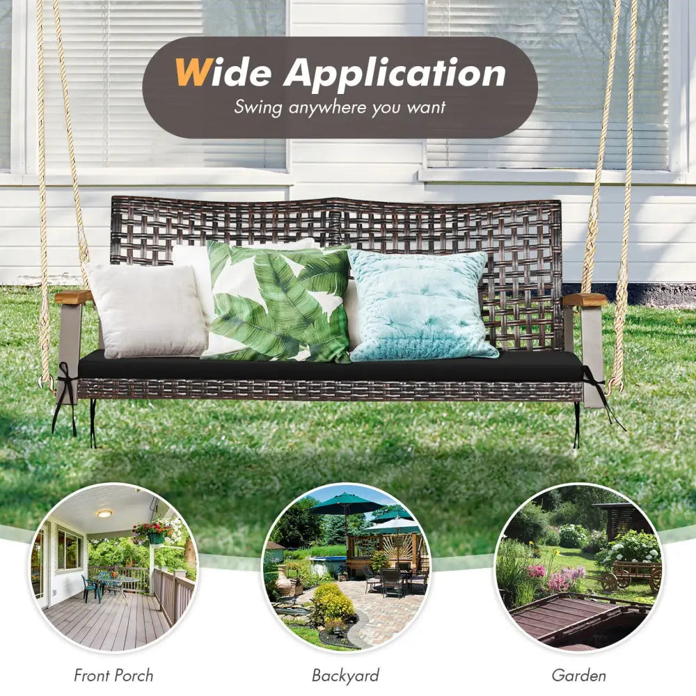 2-Person Rattan Hanging Porch Swing Chair-Black - Black - Porch Swings