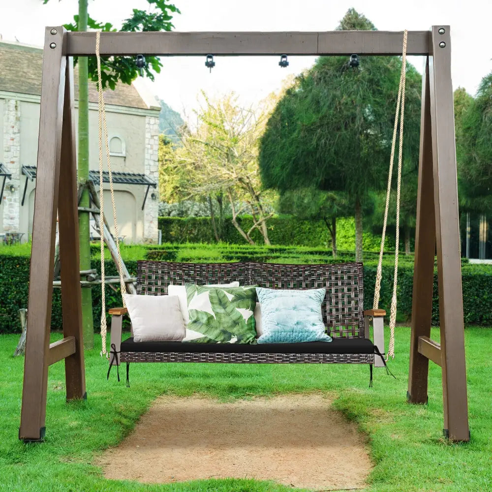 2-Person Rattan Hanging Porch Swing Chair-Black - Black - Porch Swings