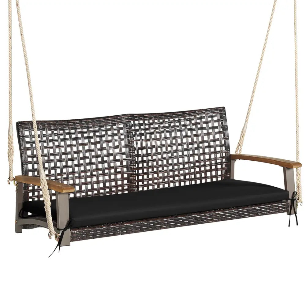 2-Person Rattan Hanging Porch Swing Chair-Black - Black - Porch Swings