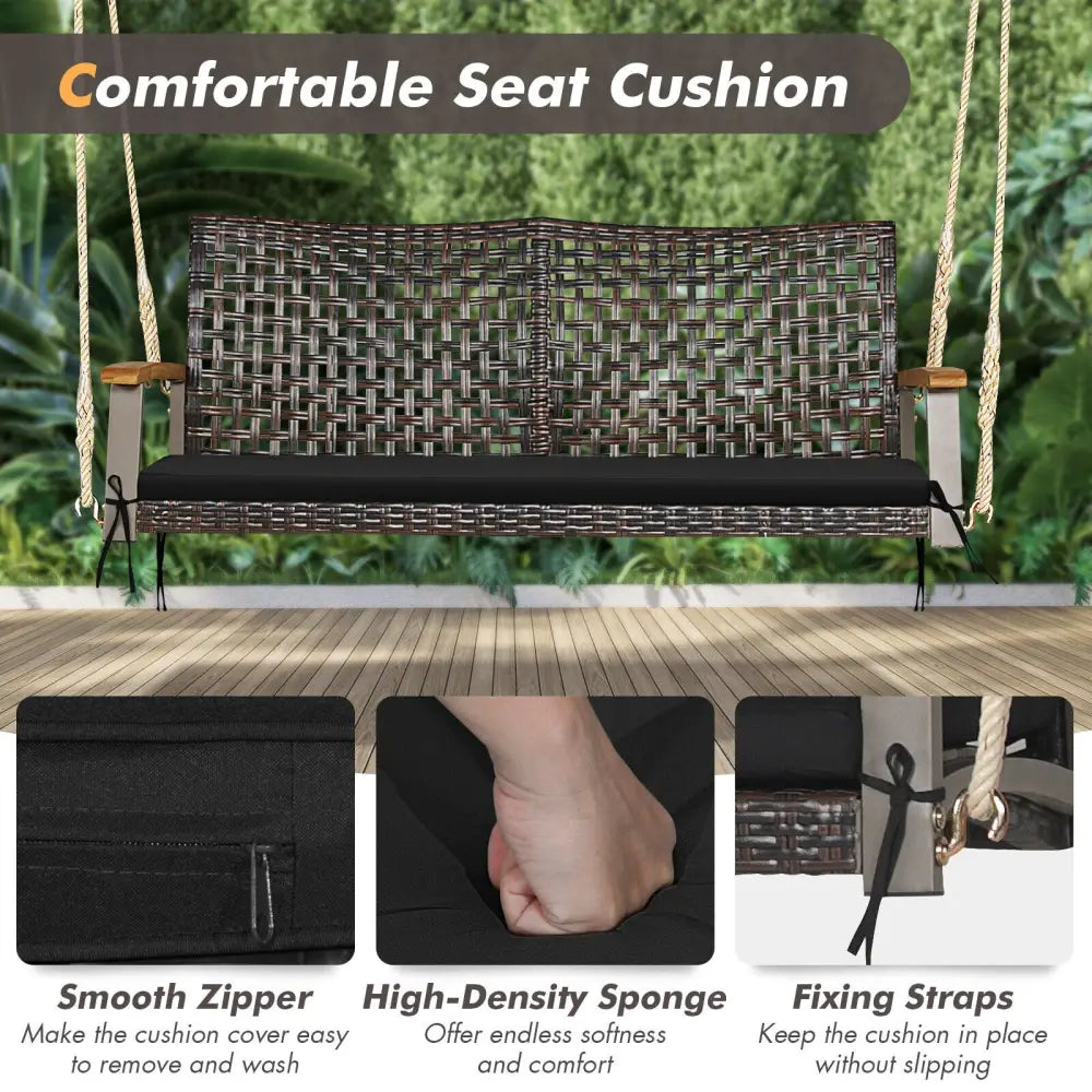 2-Person Rattan Hanging Porch Swing Chair-Black - Black - Porch Swings