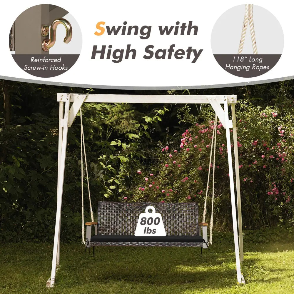 2-Person Rattan Hanging Porch Swing Chair-Black - Black - Porch Swings