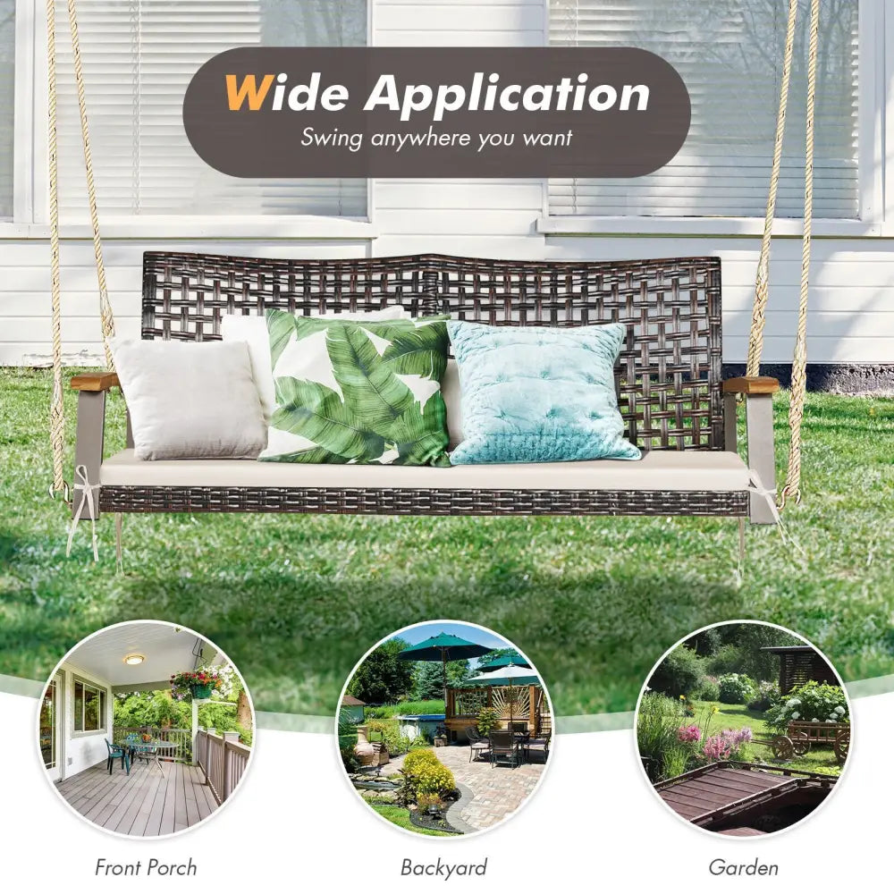 2-Person Rattan Hanging Porch Swing Chair-Off White - Off White - Porch Swings