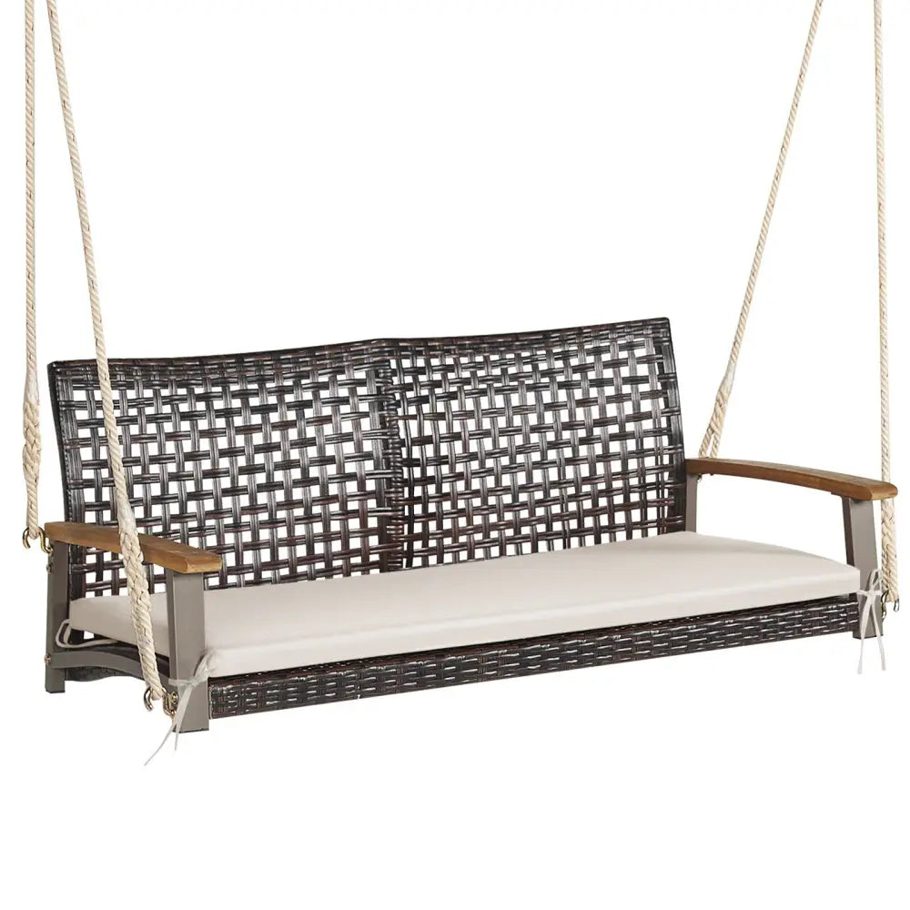 2-Person Rattan Hanging Porch Swing Chair-Off White - Off White - Porch Swings