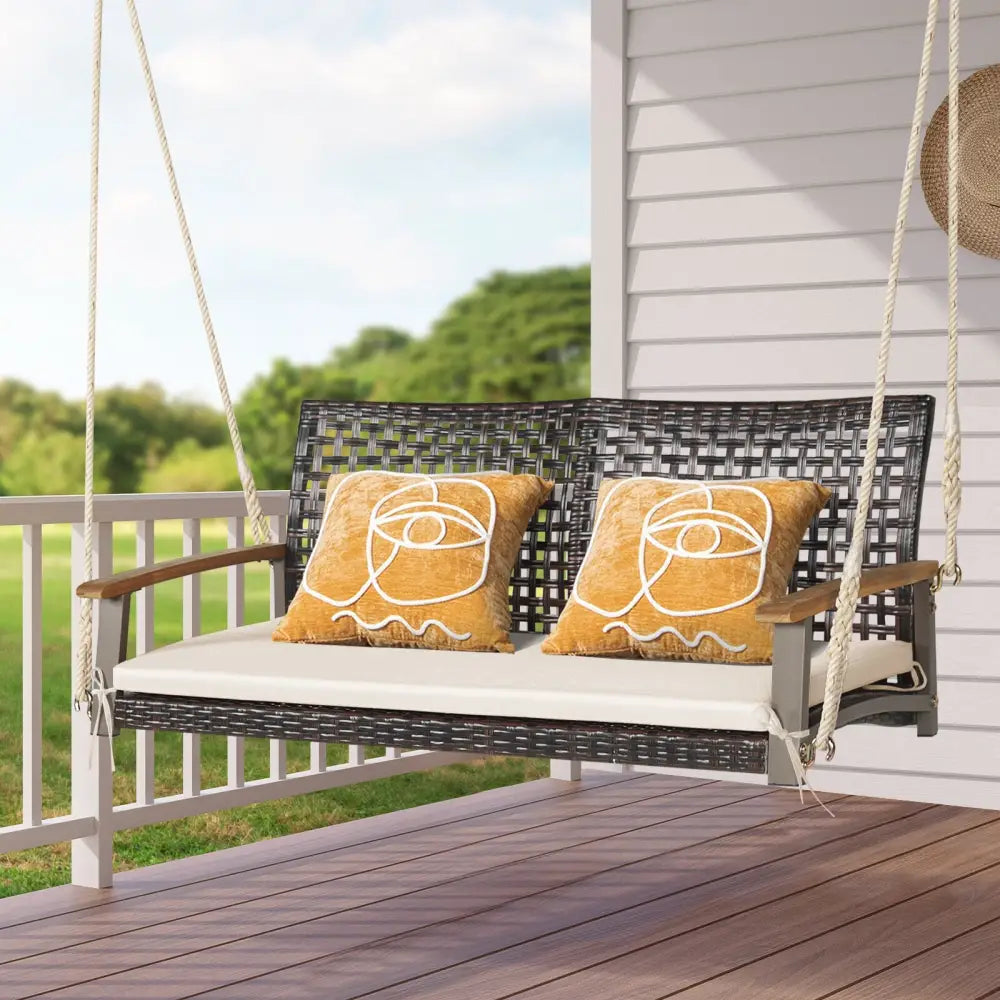 2-Person Rattan Hanging Porch Swing Chair-Off White - Off White - Porch Swings
