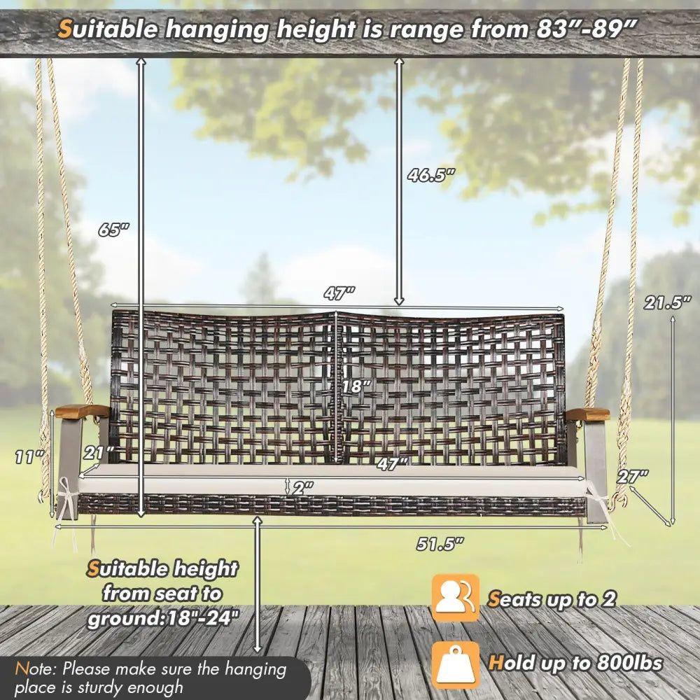 2-Person Rattan Hanging Porch Swing Chair-Off White - Off White - Porch Swings