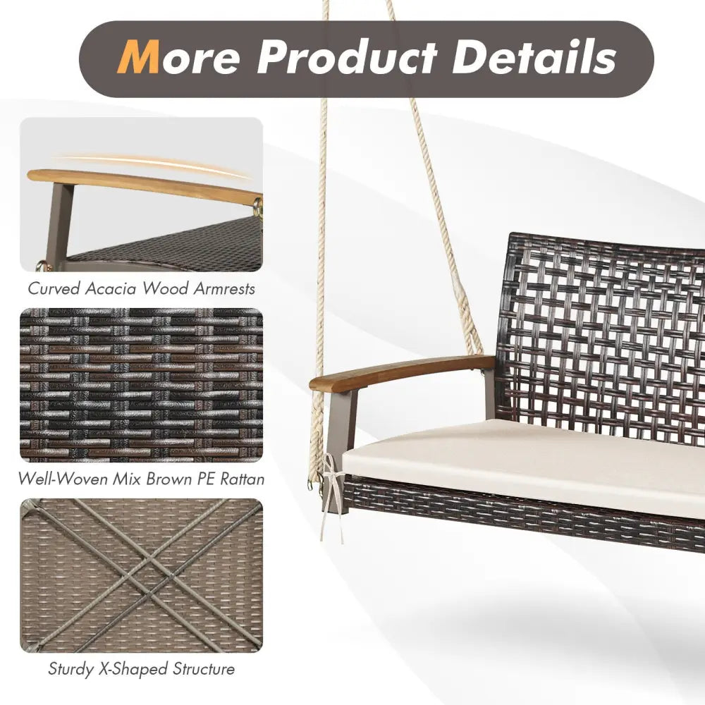 2-Person Rattan Hanging Porch Swing Chair-Off White - Off White - Porch Swings