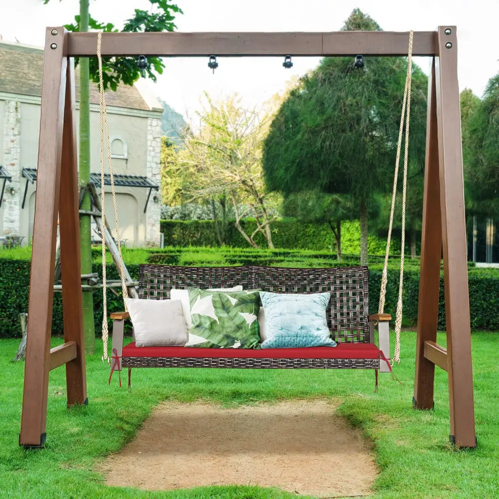 2-Person Rattan Hanging Porch Swing Chair-Red - Red - Porch Swings
