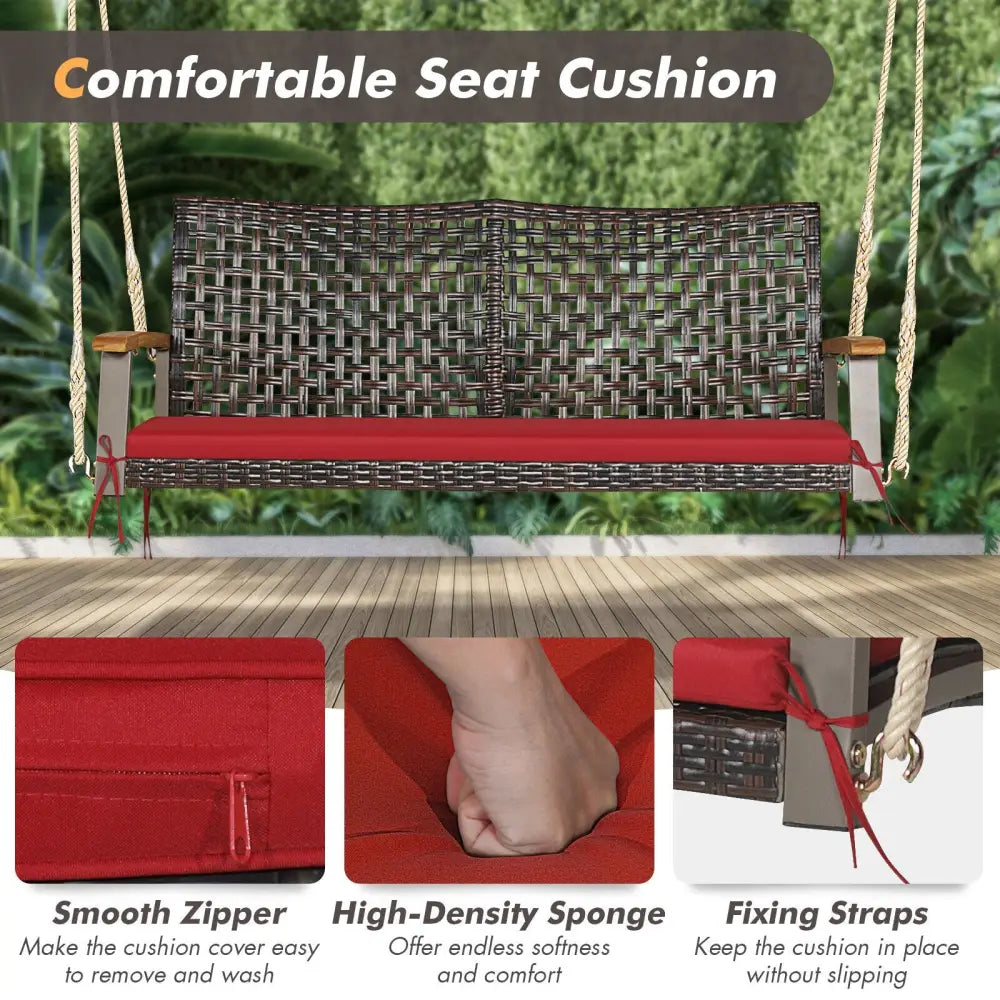2-Person Rattan Hanging Porch Swing Chair-Red - Red - Porch Swings