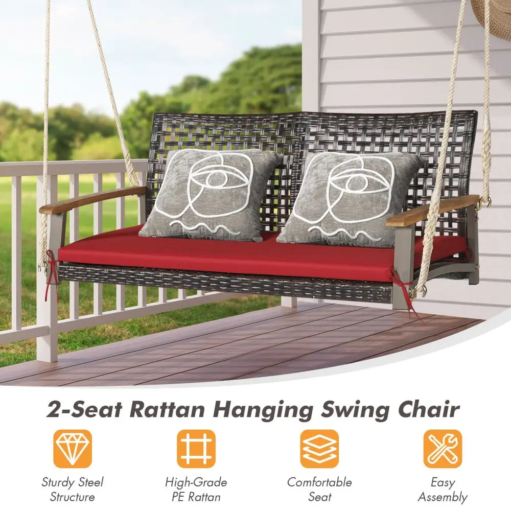2-Person Rattan Hanging Porch Swing Chair-Red - Red - Porch Swings
