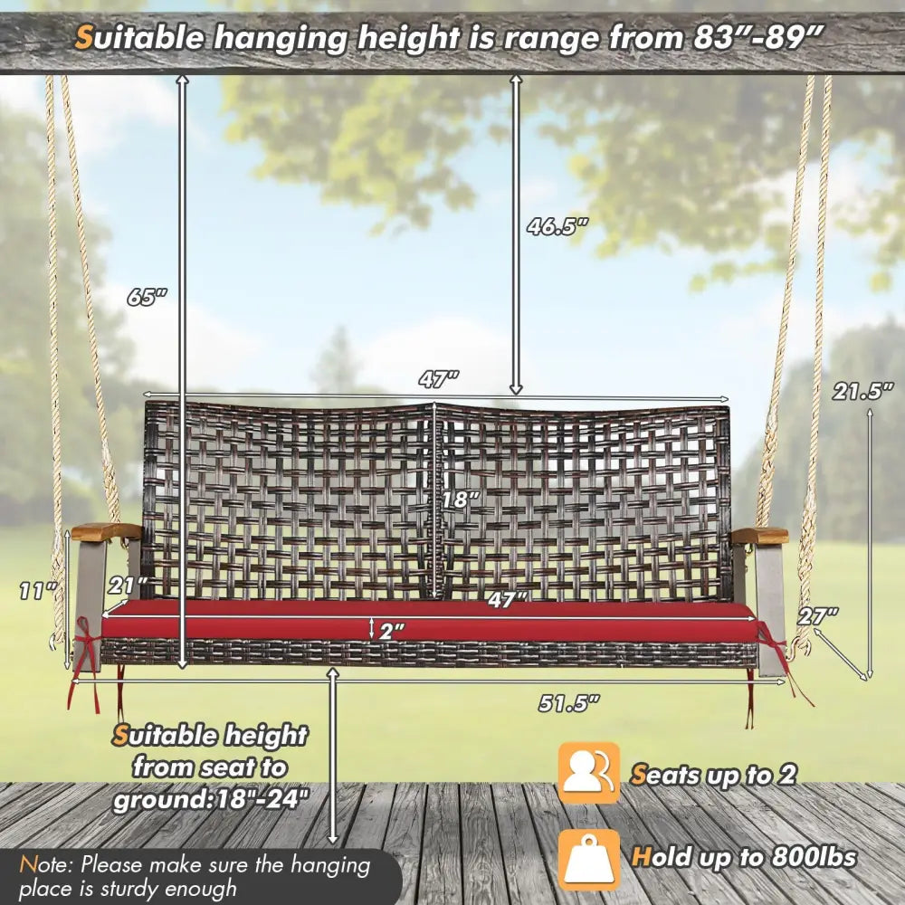 2-Person Rattan Hanging Porch Swing Chair-Red - Red - Porch Swings