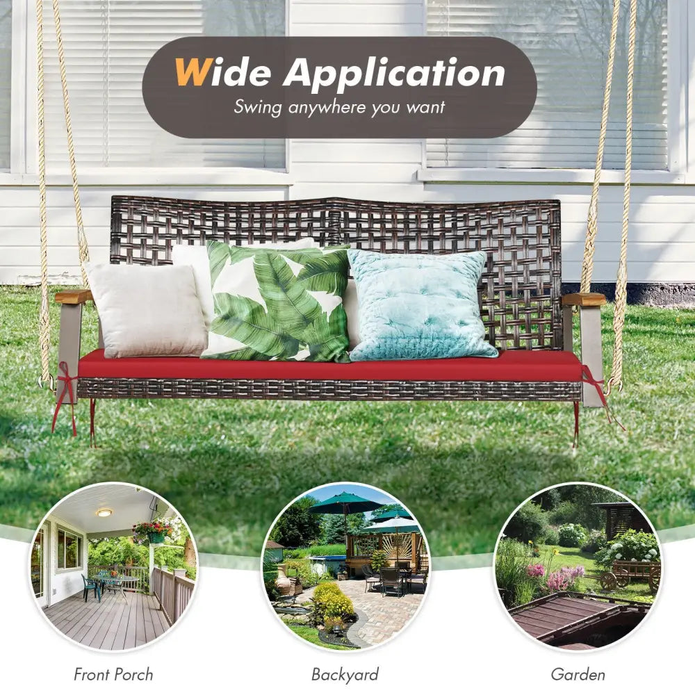2-Person Rattan Hanging Porch Swing Chair-Red - Red - Porch Swings