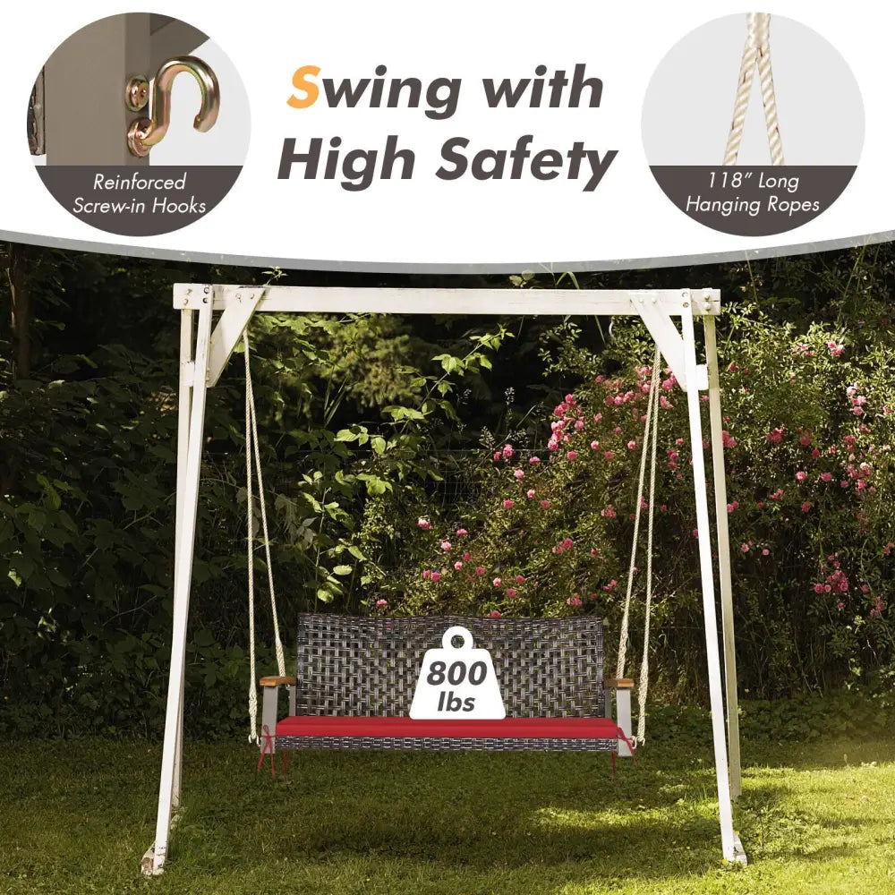 2-Person Rattan Hanging Porch Swing Chair-Red - Red - Porch Swings