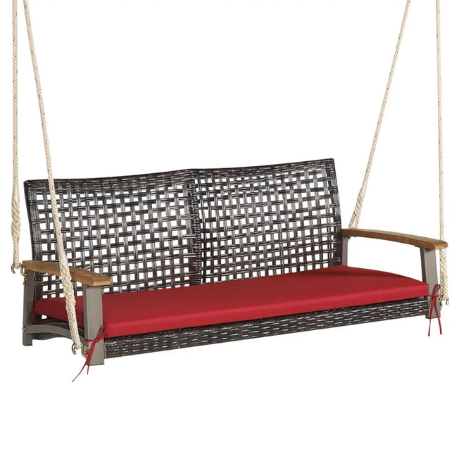2-Person Rattan Hanging Porch Swing Chair-Red - Red - Porch Swings