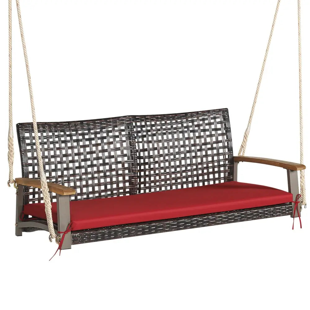 2-Person Rattan Hanging Porch Swing Chair-Red - Red - Porch Swings