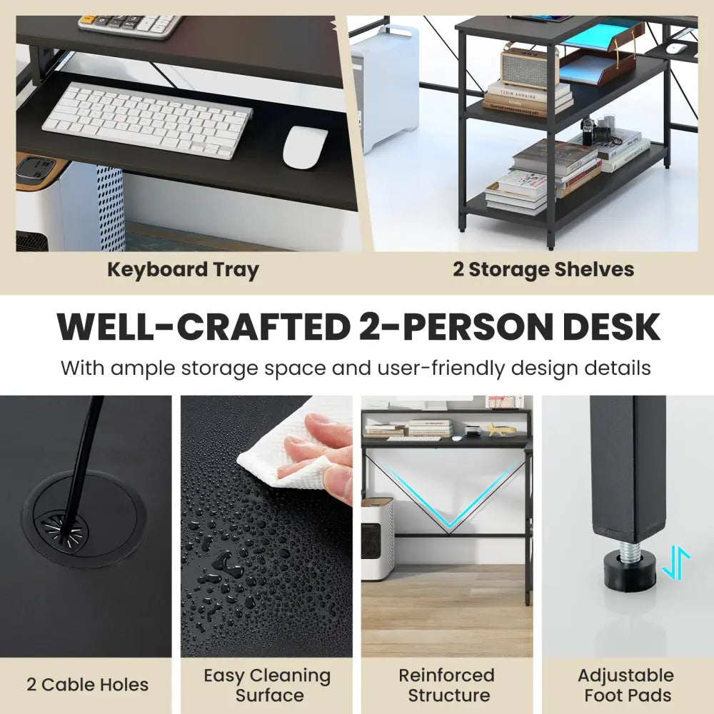 2-Person Reversible Computer Desk Long Office Desk with LED Lights-Black - Black - Computer Desks