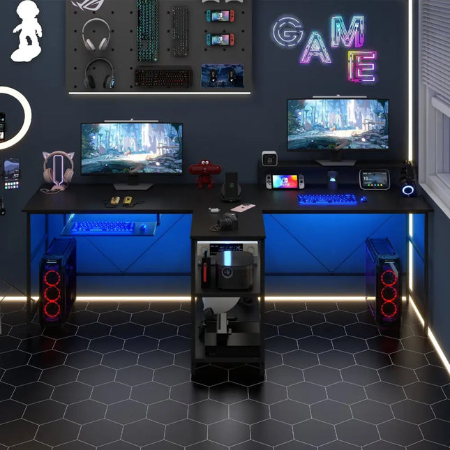 2-Person Reversible Computer Desk Long Office Desk with LED Lights-Black Costway