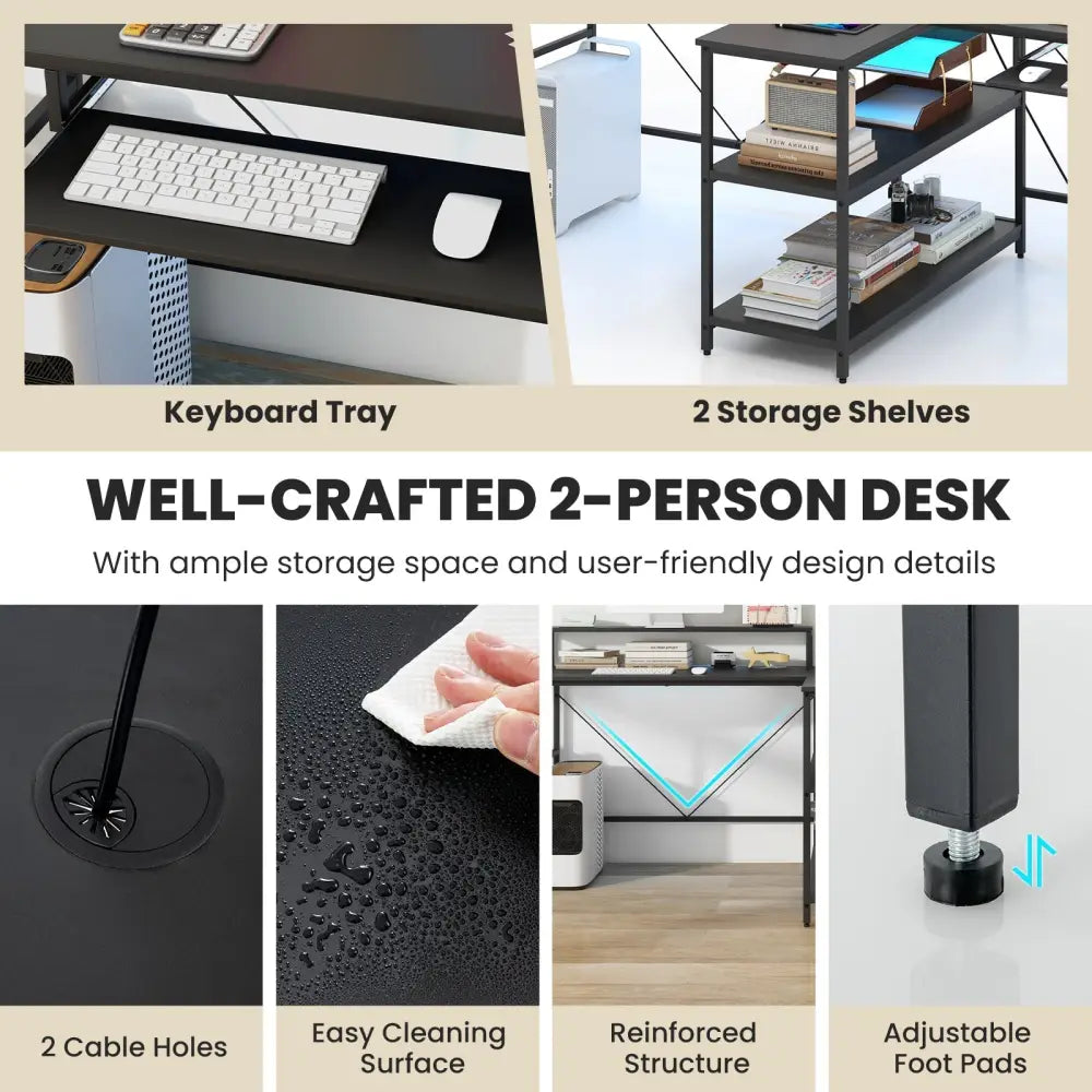 2-Person Reversible Computer Desk Long Office Desk with LED Lights-Black Costway