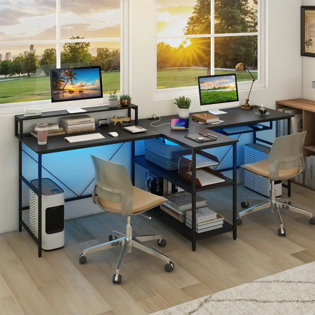 2-Person Reversible Computer Desk Long Office Desk with LED Lights-Black Costway