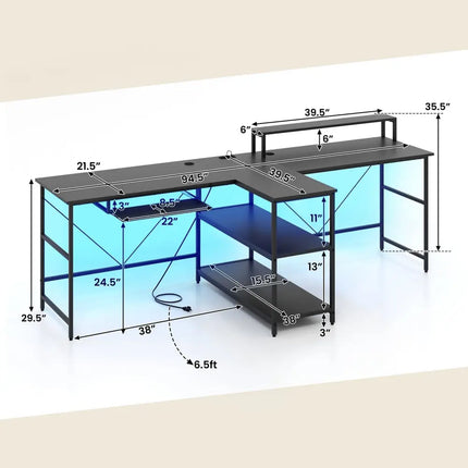 2-Person Reversible Computer Desk Long Office Desk with LED Lights-Black Costway