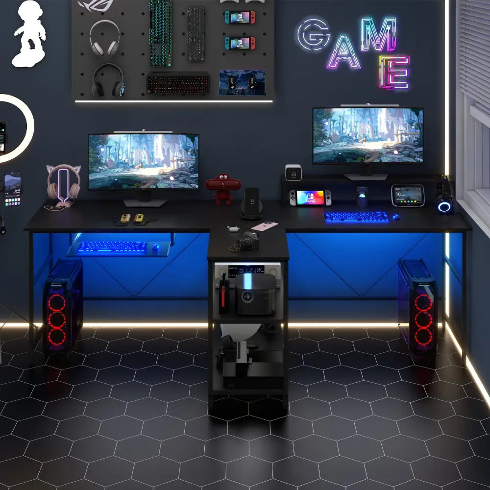 2-Person Reversible Computer Desk Long Office Desk with LED Lights-Black - Black - Computer Desks