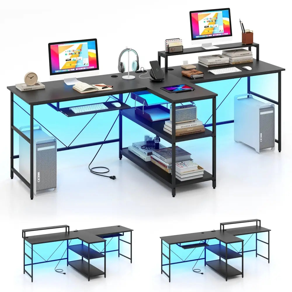2-Person Reversible Computer Desk Long Office Desk with LED Lights-Black Costway