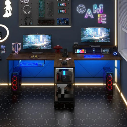 2-Person Reversible Computer Desk Long Office Desk with LED Lights-Walnut Costway