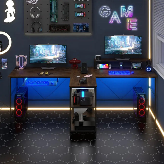 2-Person Reversible Computer Desk Long Office Desk with LED Lights-Walnut Costway
