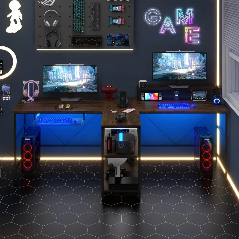 2-Person Reversible Computer Desk Long Office Desk with LED Lights-Walnut Costway