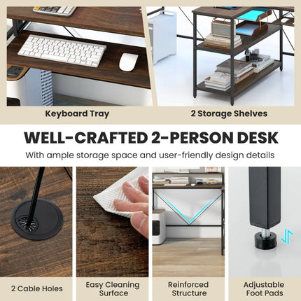 2-Person Reversible Computer Desk Long Office Desk with LED Lights-Walnut Costway
