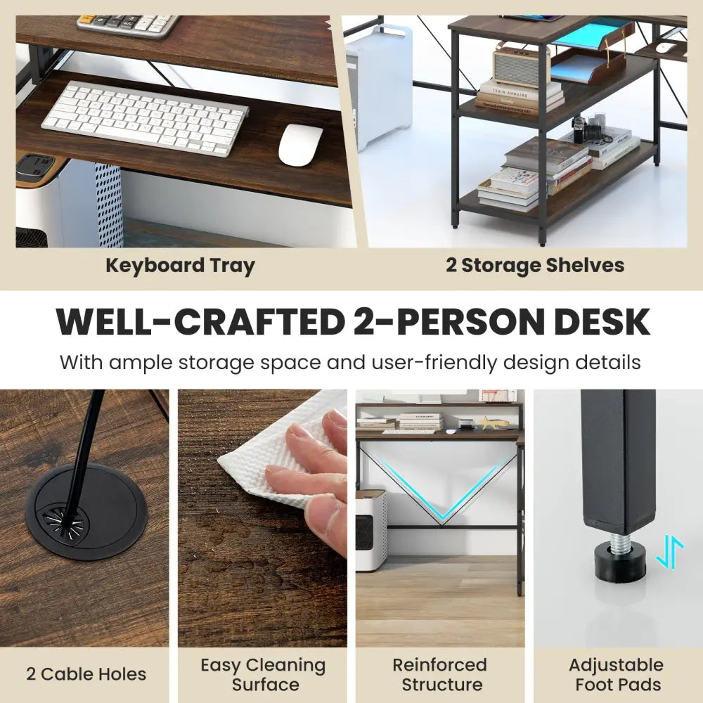 2-Person Reversible Computer Desk Long Office Desk with LED Lights-Walnut Costway