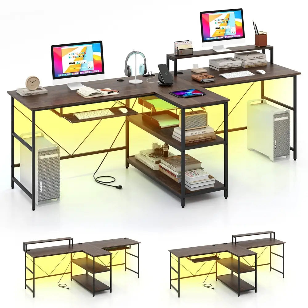 2-Person Reversible Computer Desk Long Office Desk with LED Lights-Walnut Costway