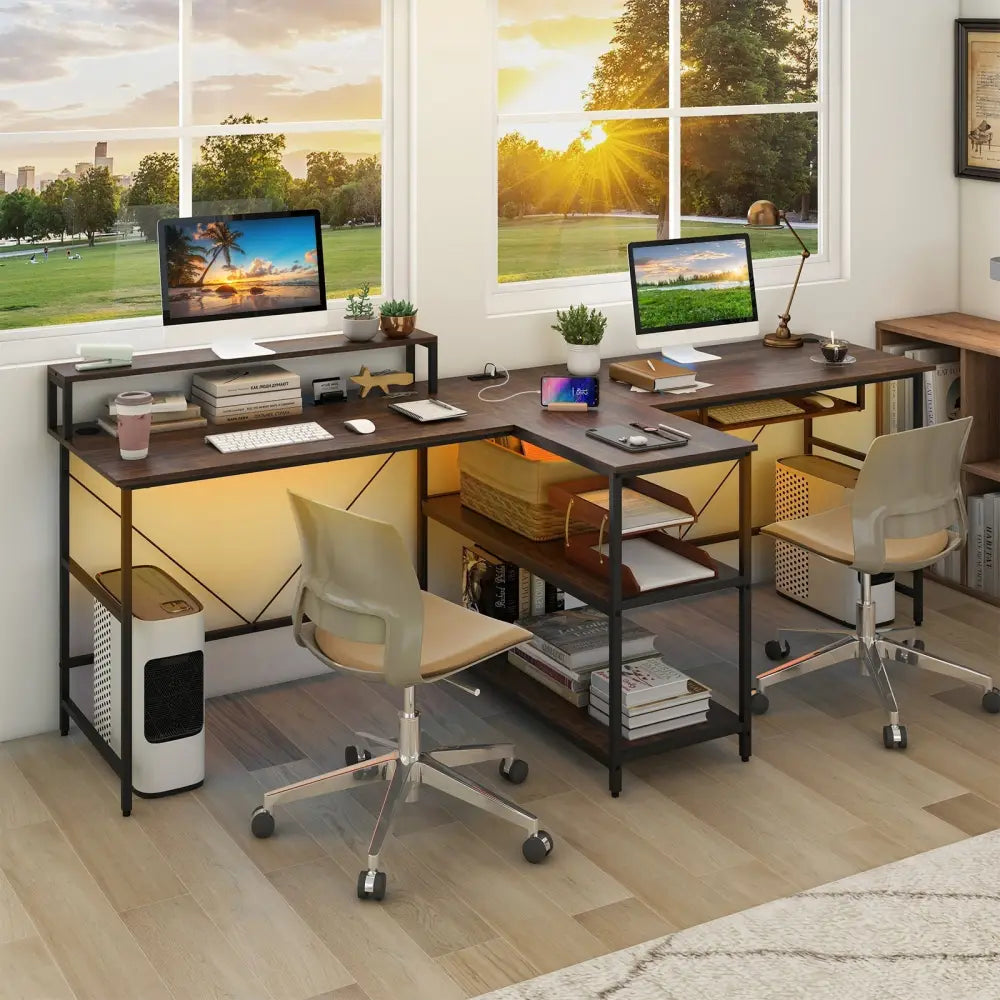 2-Person Reversible Computer Desk Long Office Desk with LED Lights-Walnut Costway