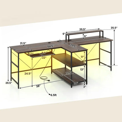 2-Person Reversible Computer Desk Long Office Desk with LED Lights-Walnut Costway