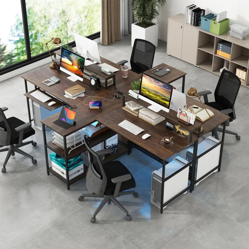 2-Person Reversible Computer Desk Long Office Desk with LED Lights-Walnut Costway