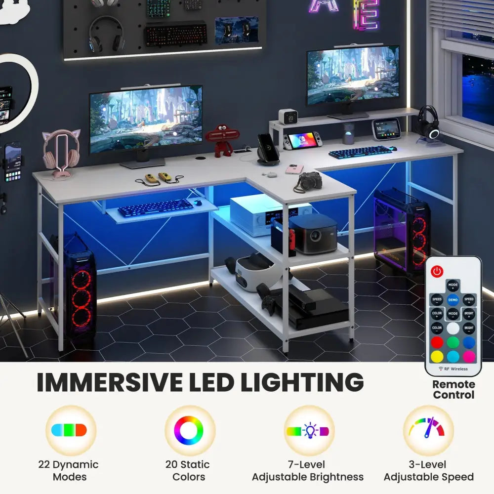 2-Person Reversible Computer Desk Long Office Desk with LED Lights-White Costway