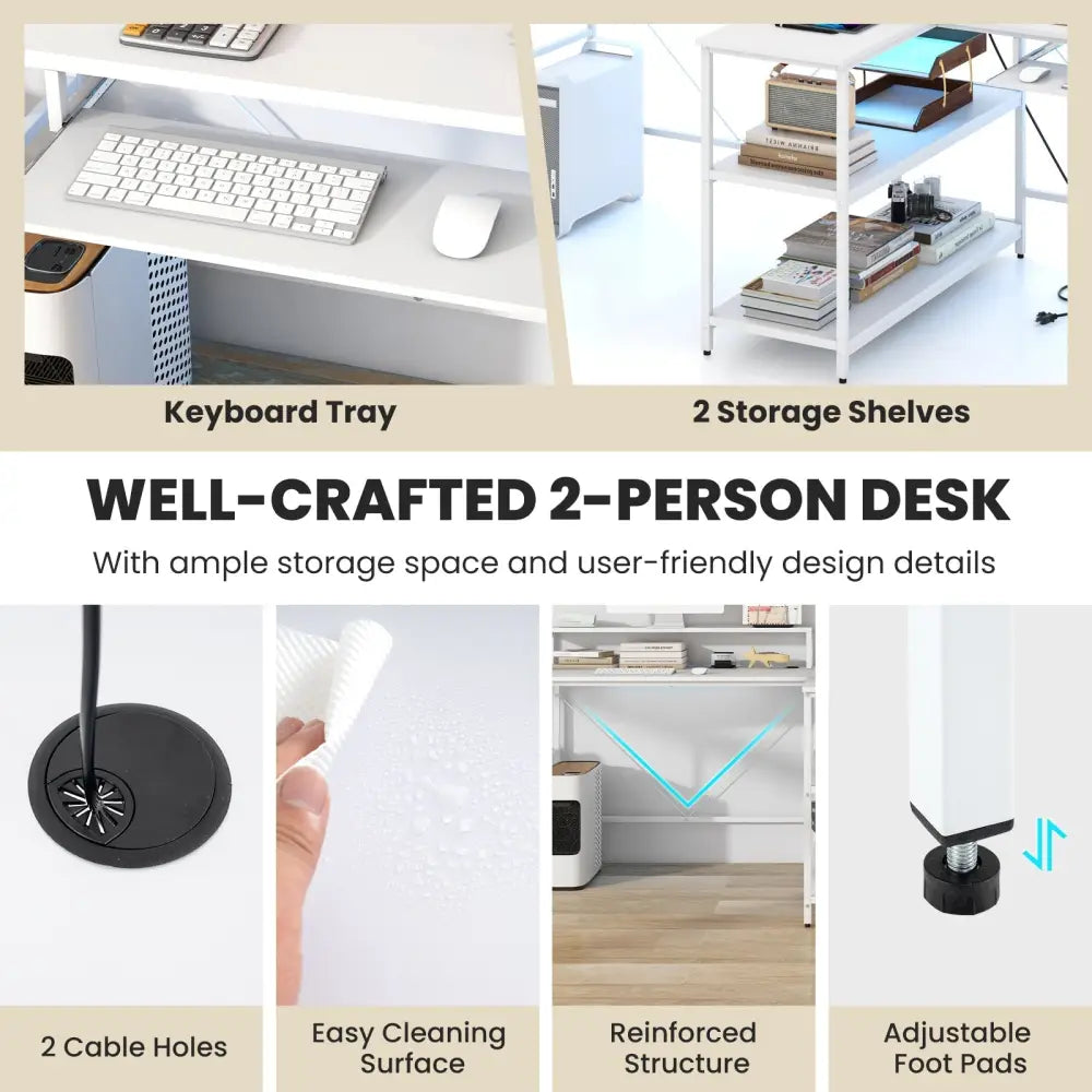 2-Person Reversible Computer Desk Long Office Desk with LED Lights-White Costway