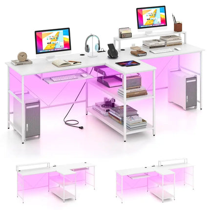 2-Person Reversible Computer Desk Long Office Desk with LED Lights-White Costway
